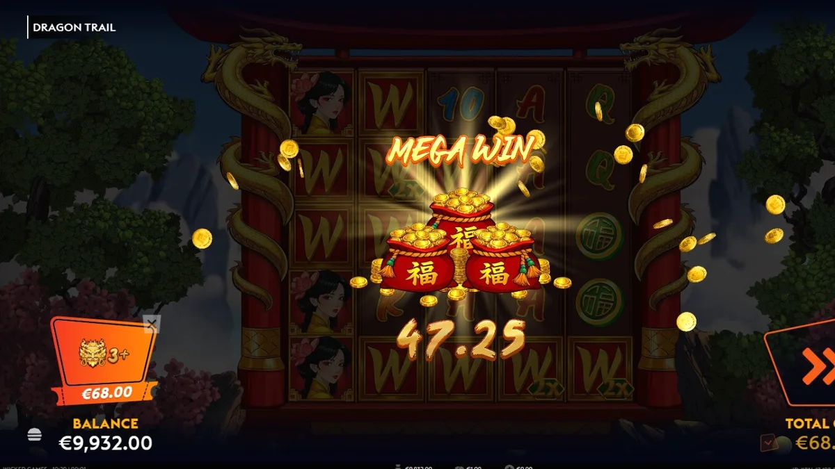 Interface do slot Dragon Trail com dragões dourados e temática asiática